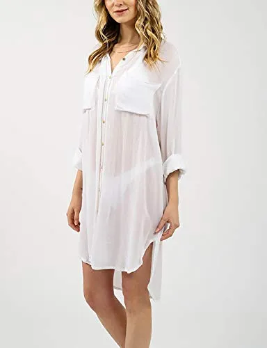 White Long Sleeve Button-Down Tunic: Women's Beach Cover-Up