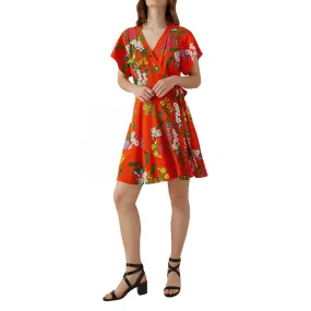 Women's Floral Tie Side Dress,Orange