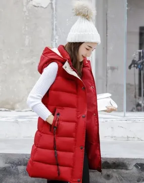 Womens High Collar Hooded Puffer Winter Vest in Red