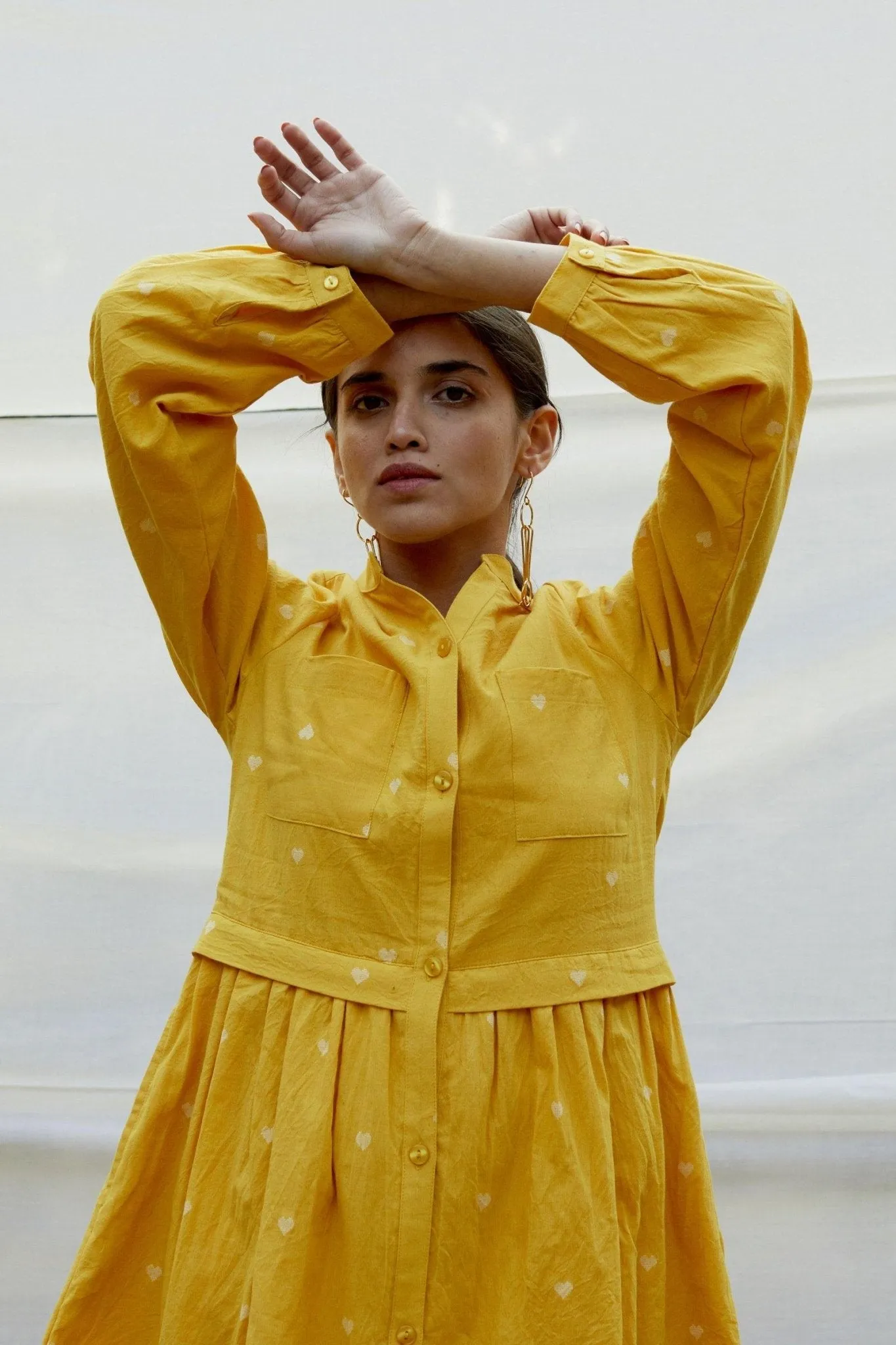 Yellow Cotton Dobby Shirt Dress