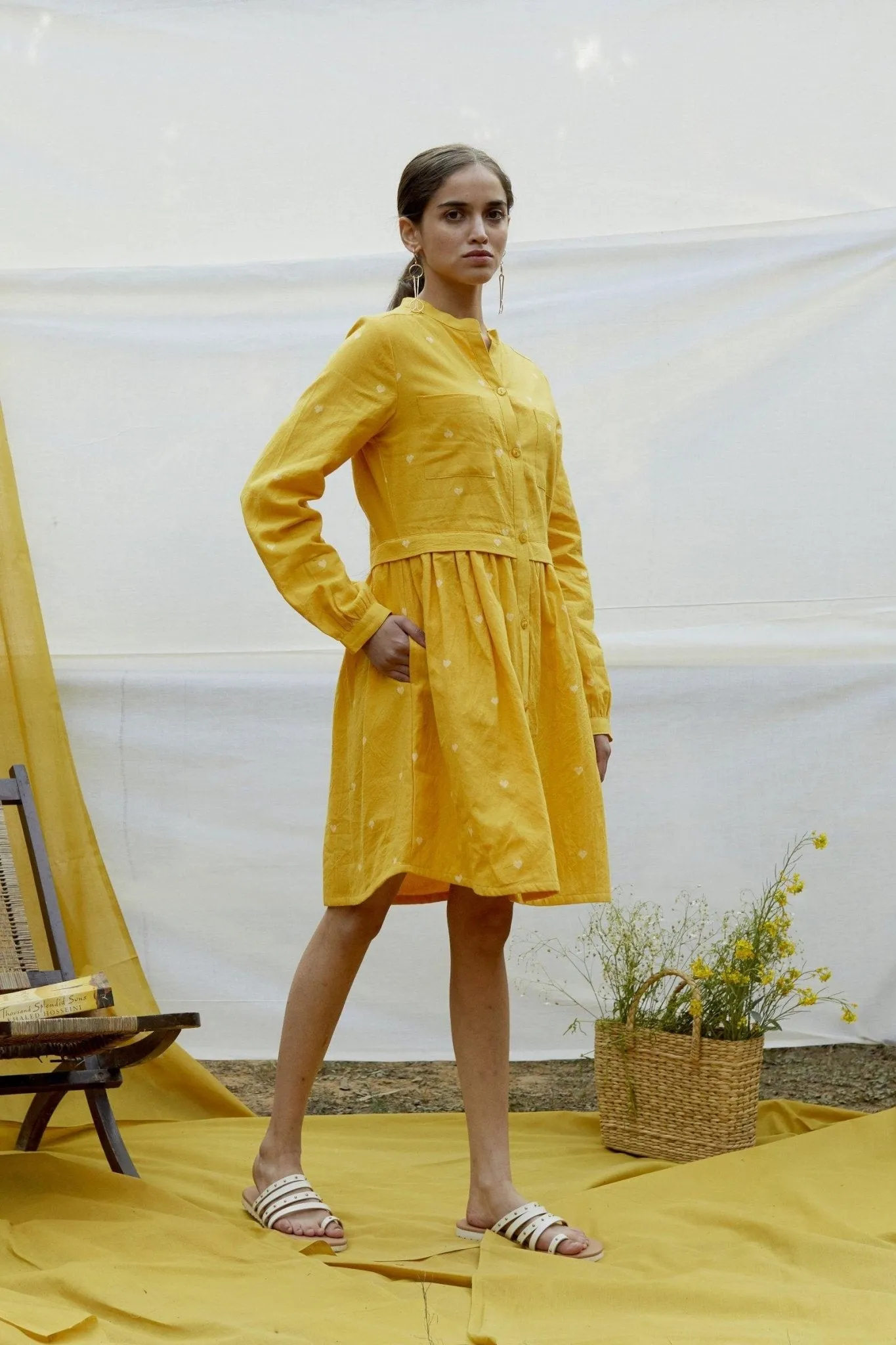 Yellow Cotton Dobby Shirt Dress