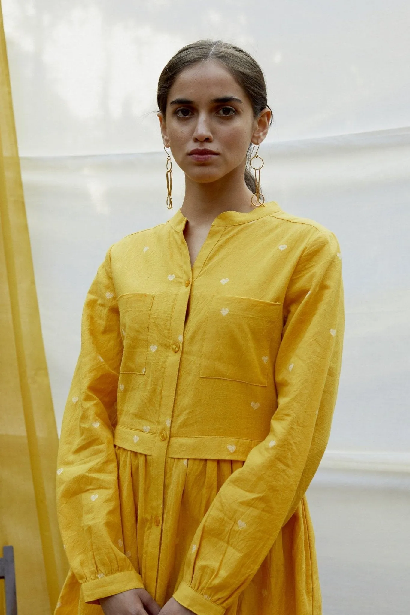 Yellow Cotton Dobby Shirt Dress