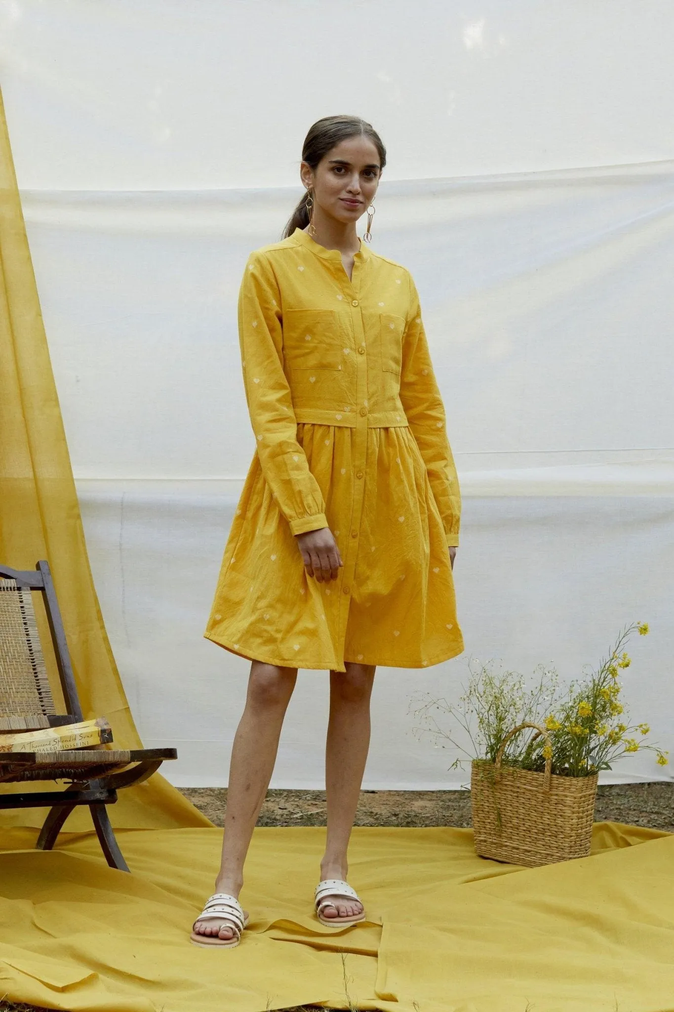 Yellow Cotton Dobby Shirt Dress