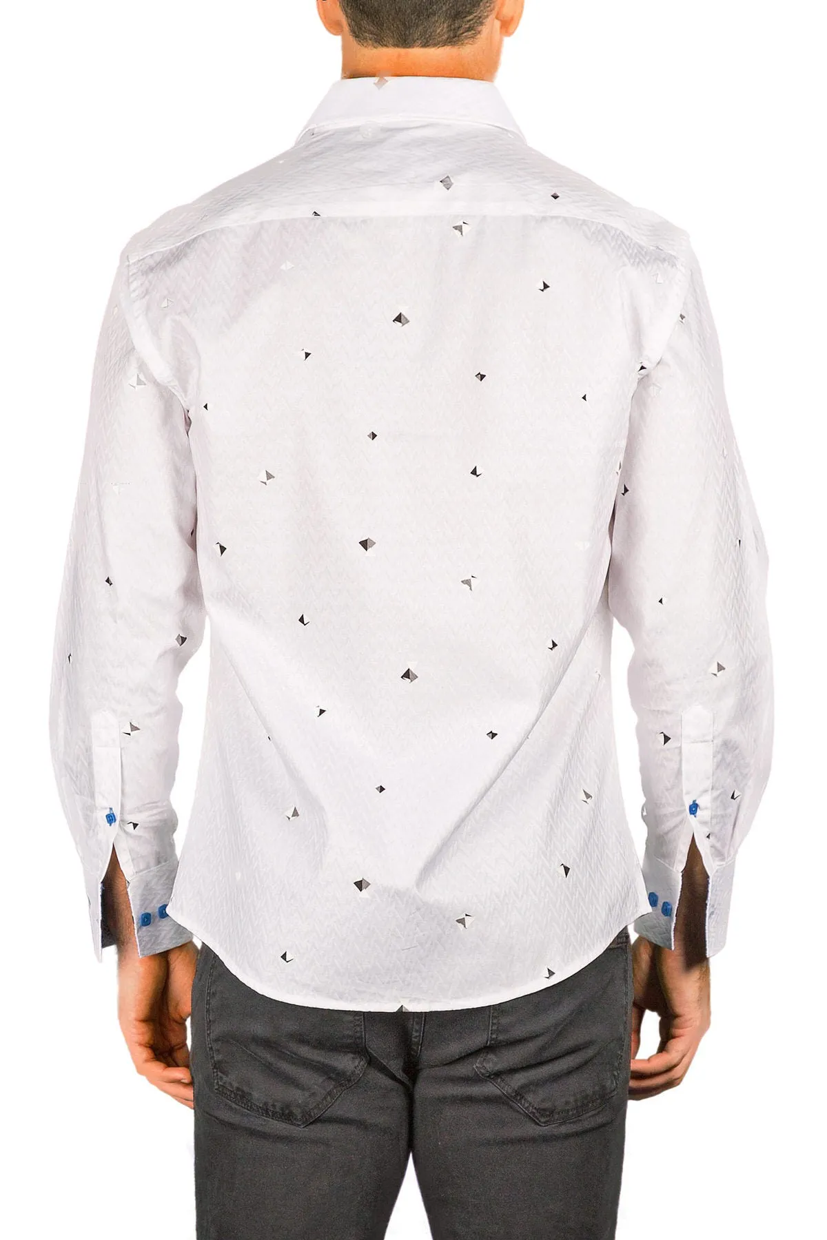 Zig-Zag Texture Pyramid Print White Button Up Long Sleeve Dress Shirt